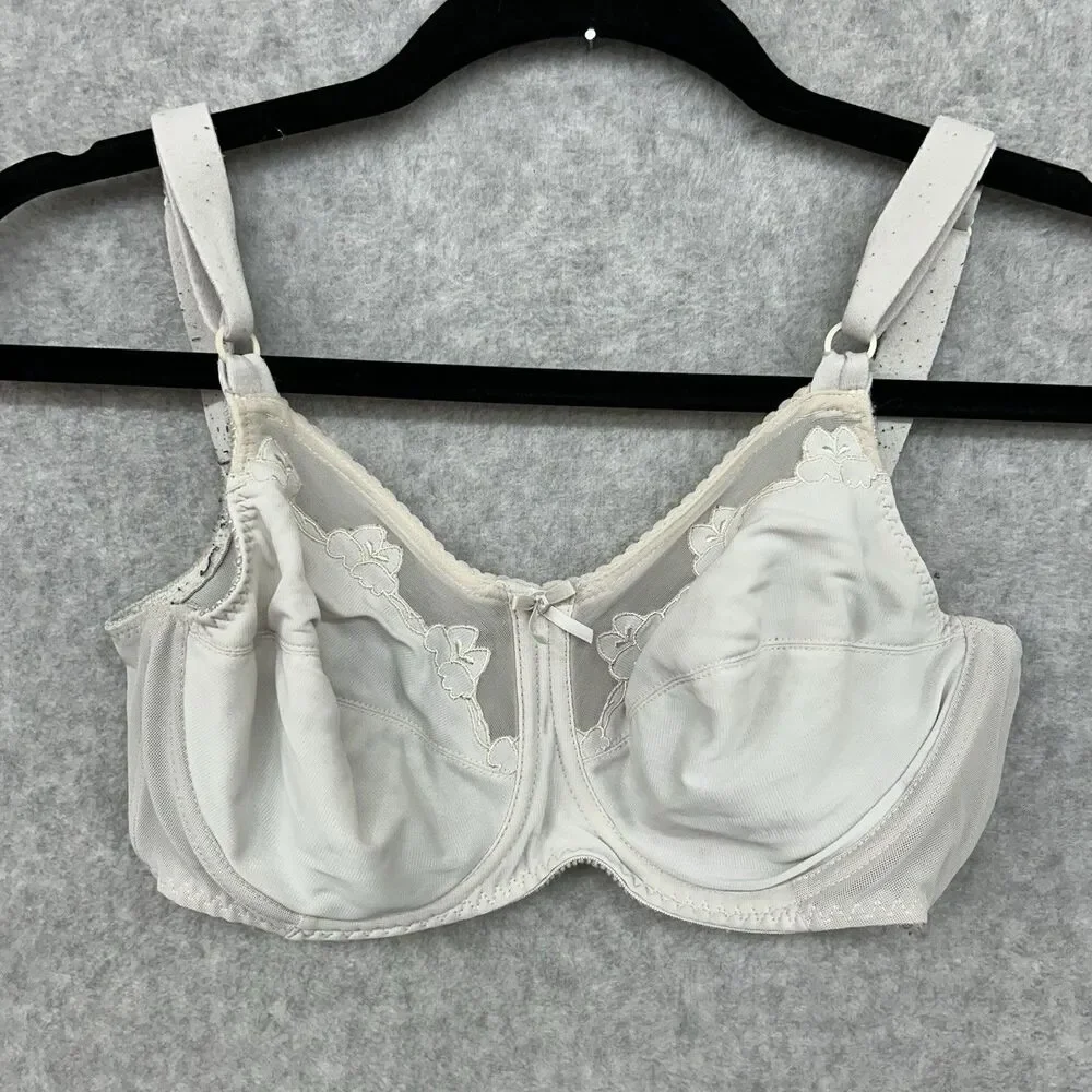 Bali 0180 Cream Beige Underwire Bra Floral Embroidery Unlined 32DD Womens